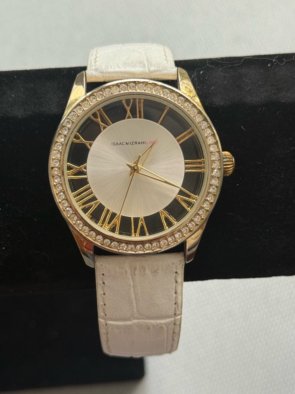 Isaac Mizrahi Gold-Tone Crystal Bezel Watch with White Strap
